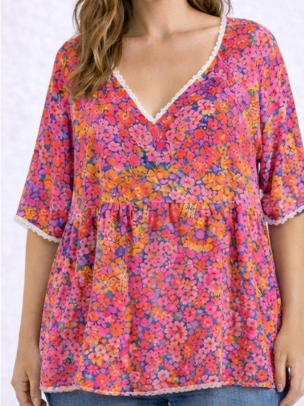 Women’s Plus Size Floral V-Neck Peplum Top with Crochet Details - Size 4X